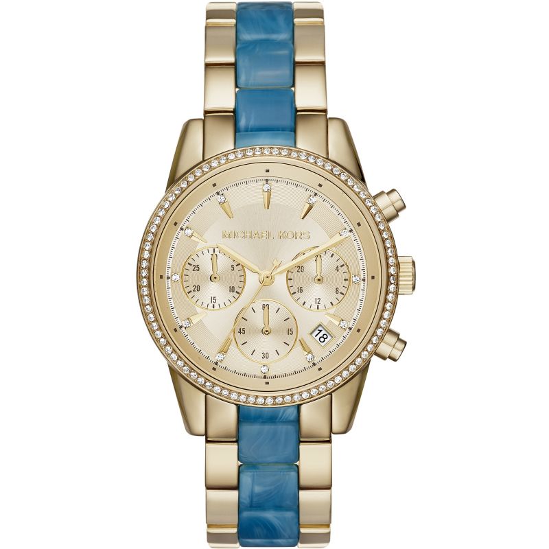 Michael Kors Ladies Watch Ritz Chronograph 37mm Gold Blue Mk6328 9158