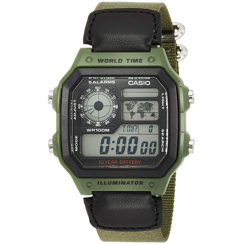 Casio Watch Digital World Time Illuminator Green Nato AE 1200WHB 3BVDF