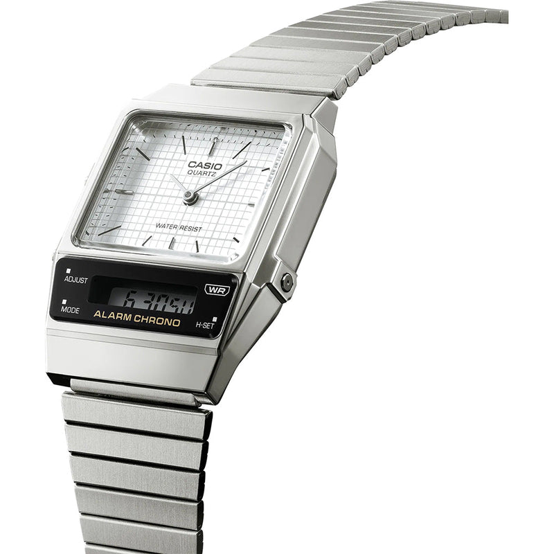 Casio Watch Vintage White Dual Time Steel Flat Link AQ-800E-7ADF