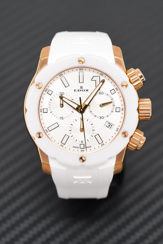 Edox Ladies Chronograph Watch Chronoffshore-1 White and Rose Gold 38mm 10225 37RB BIR