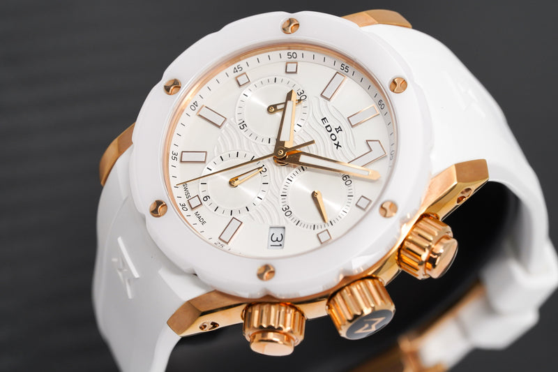 Edox Ladies Chronograph Watch Chronoffshore-1 White and Rose Gold 38mm 10225 37RB BIR