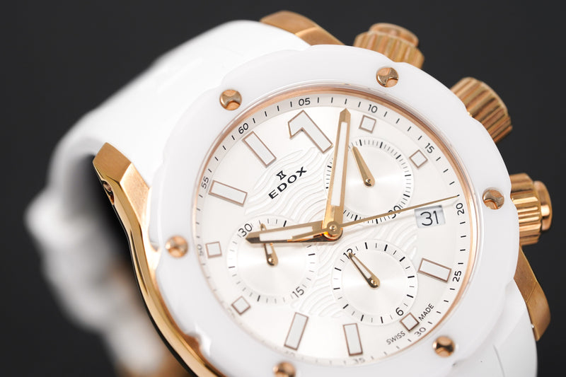 Edox Ladies Chronograph Watch Chronoffshore-1 White and Rose Gold 38mm 10225 37RB BIR