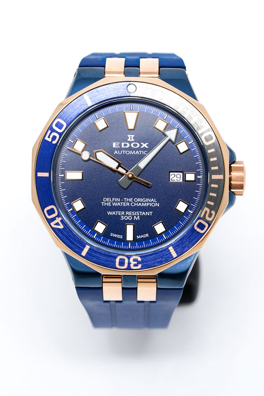 Edox Automatic Watch Delfin Diver Blue Rose Gold 43mm 80110 357BURCA BUIR