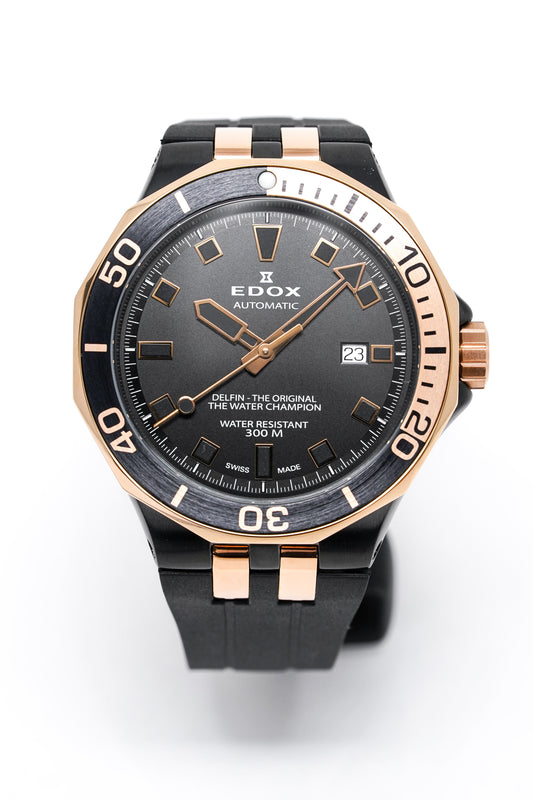 Edox Automatic Watch Delfin Diver Black Rose Gold 43mm 80110357NRCA