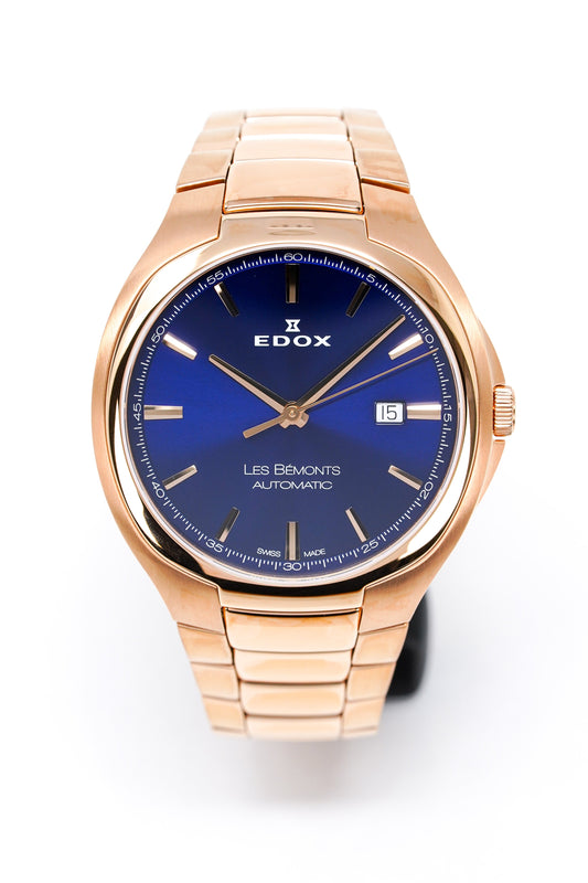 Edox Men's Automatic Watch Les Bèmonts Ultra Slim Blue Rose Gold 42mm 80114 37R BUIR