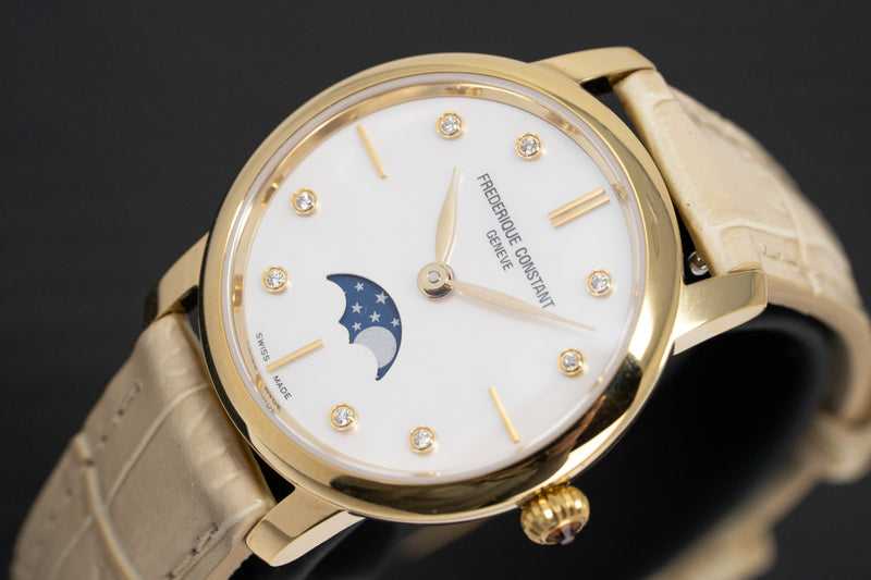 Frederique Constant Watch Slimline Moon Phase Diamond Beige Leather FC-206MPWD1S5