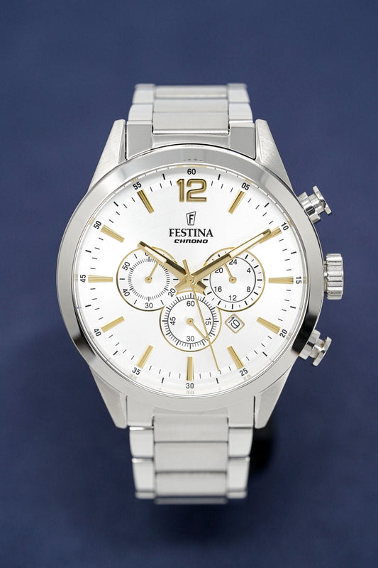 Festina Watch Silver Gold Timeless Chrono Stainless Steel F20343-1 - Watches & Crystals