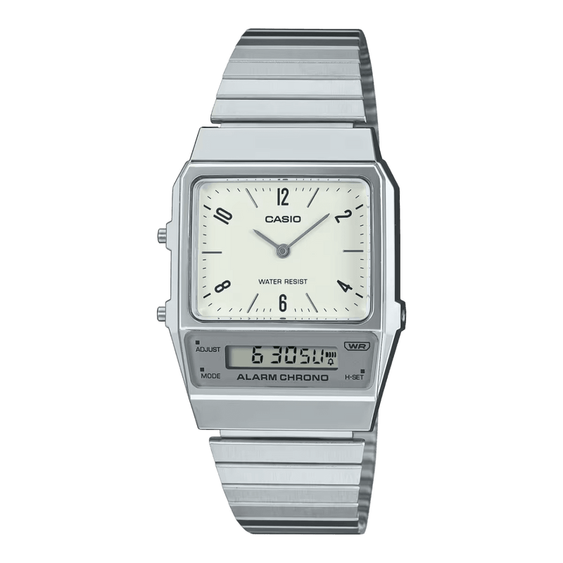 Casio Watch Vintage White Grey Dual Time Steel Flat Link AQ-800E-7A2DF