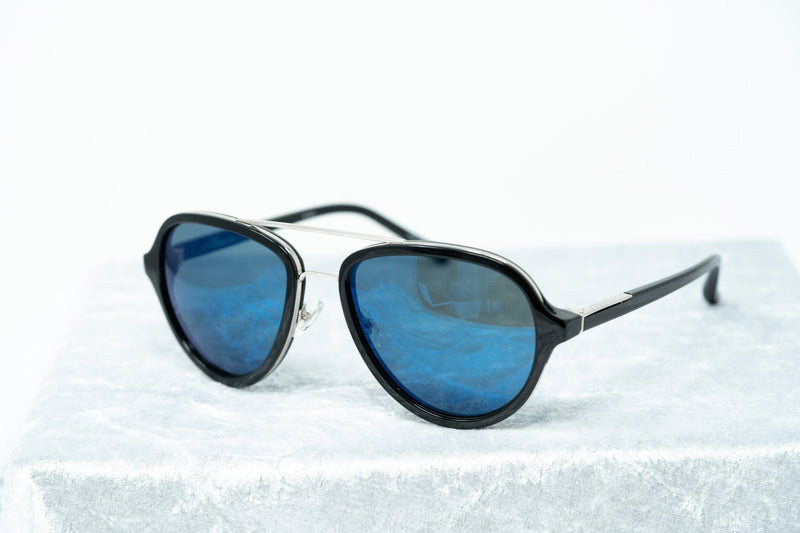 Phillip Lim Sunglasses Black Shiny Silver and Blue Mirror Lenses Category 3 - PL16C23SUN - WatchPilot