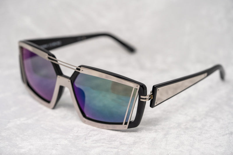 Prabal Gurung Sunglasses Rectangular Black Bar With Green/Purple Mirror Lenses PG3C4SUN - WatchPilot