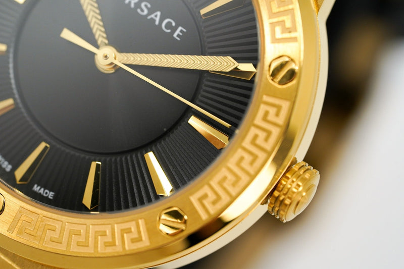 Versace Ladies Watch Greca Logo Gold Black Leather VEVH00320 - WatchPilot