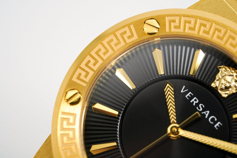 Versace Ladies Watch Greca Logo Gold Black Leather VEVH00320 - WatchPilot