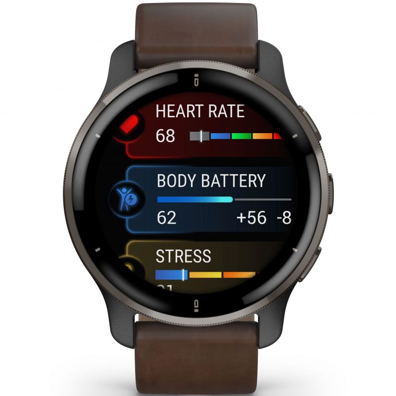 Smart Watch - Garmin Venu® 2 Plus Slate Stainless Steel Bezel With Slate Case And Brown Band Smartwatch 010-02496-15